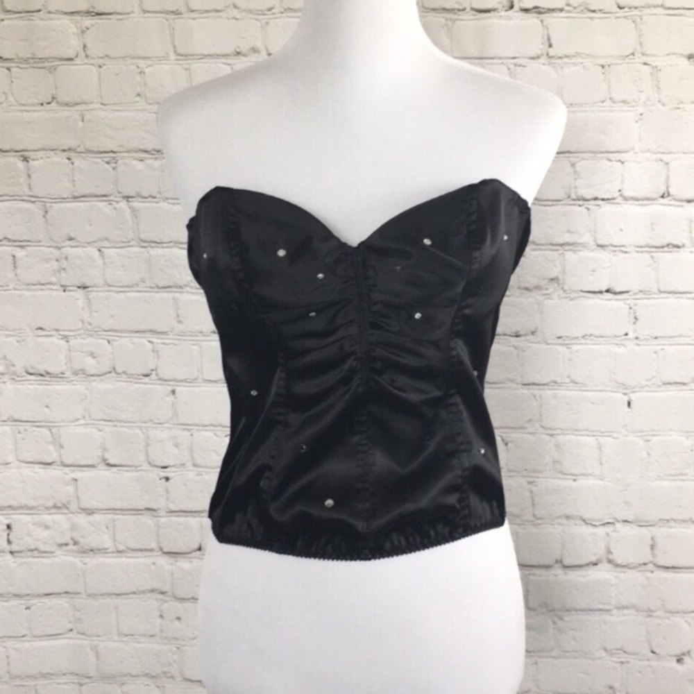 Vintage Y2K VS Black Satin Bustier with Rhinestones